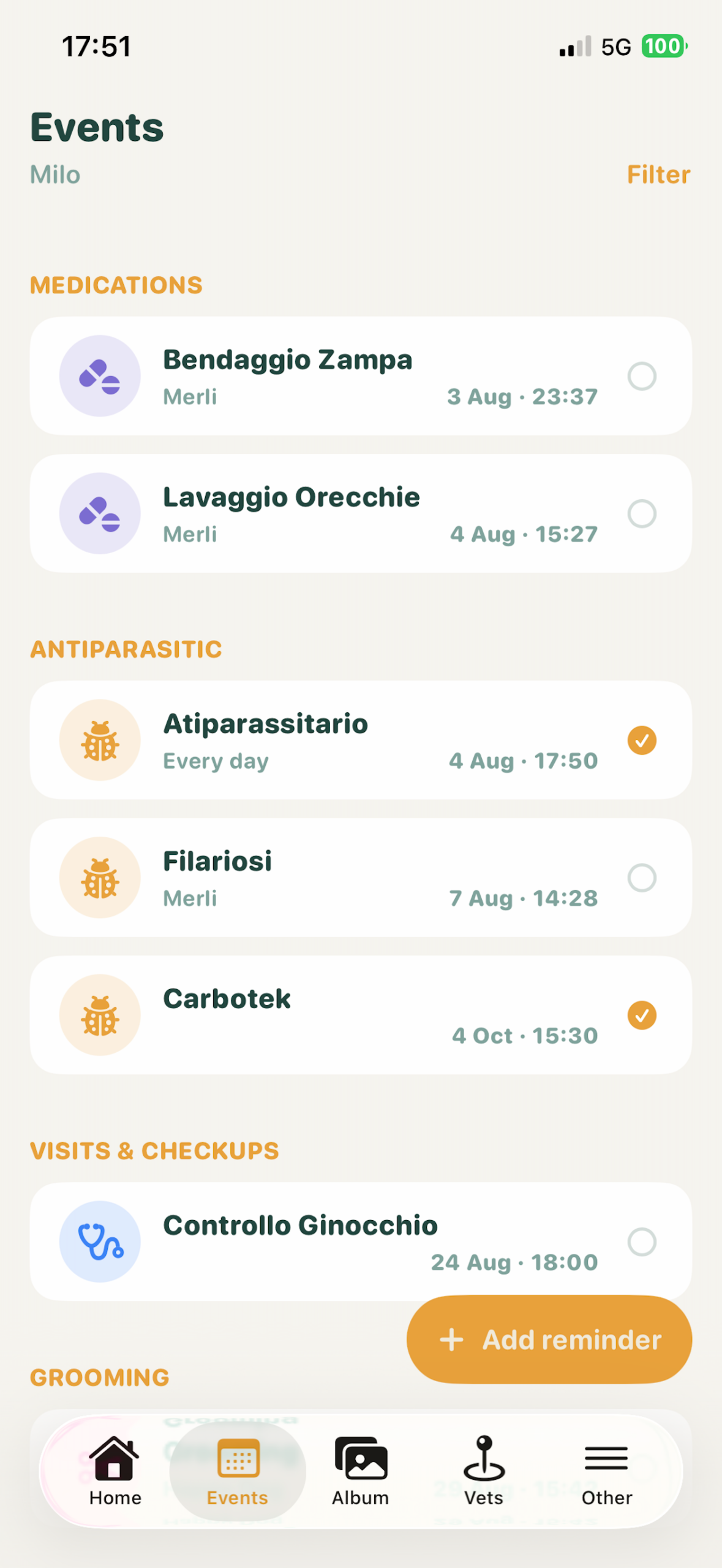 Reminders screen in Friendly