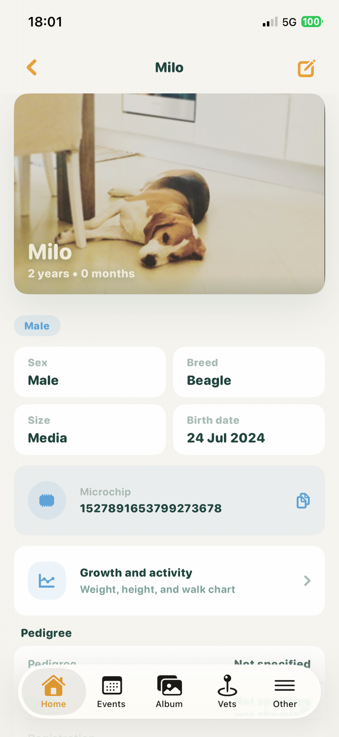 Pet profile screen in Friendly
